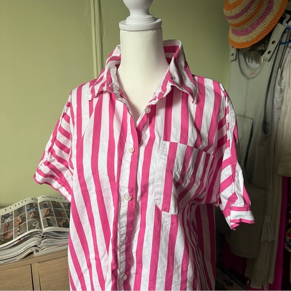 A NEW DAY Pink Stripe Relaxed Fit Button Down Shirt Cotton Midi Mini Dress Sz S - Picture 4 of 16